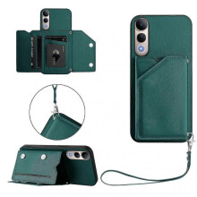 (Green) Compatible For vivo V50 Lite 5G Case Card Holder Kickstand Skin-Touch Phone Cover with Wrist Strap