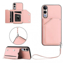 (Pink) Compatible For vivo V50 Lite 5G Case Card Holder Kickstand Skin-Touch Phone Cover with Wrist Strap