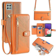 (For Samsung Galaxy A22 5G, Orange) Sheep Texture Cross-body Zipper Wallet Leather Phone Case