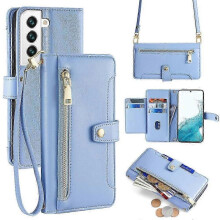 (For Samsung Galaxy S22 5G, Blue) Sheep Texture Cross-body Zipper Wallet Leather Phone Case