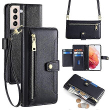 (For Samsung Galaxy S21 5G, Black) Sheep Texture Cross-body Zipper Wallet Leather Phone Case