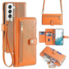 (For Samsung Galaxy S22 5G, Orange) Sheep Texture Cross-body Zipper Wallet Leather Phone Case