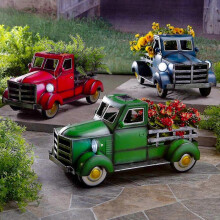 (Blue) Retro Style Solar Pickup Truck Creative Truck Flower Pot Handmade Resin Crafts Ornament With Led Light Decor For Garden