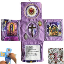 Handcrafted Foldable Pocket Devotional Cross With Saint Images And Prayers Purple Portable Christian Gift