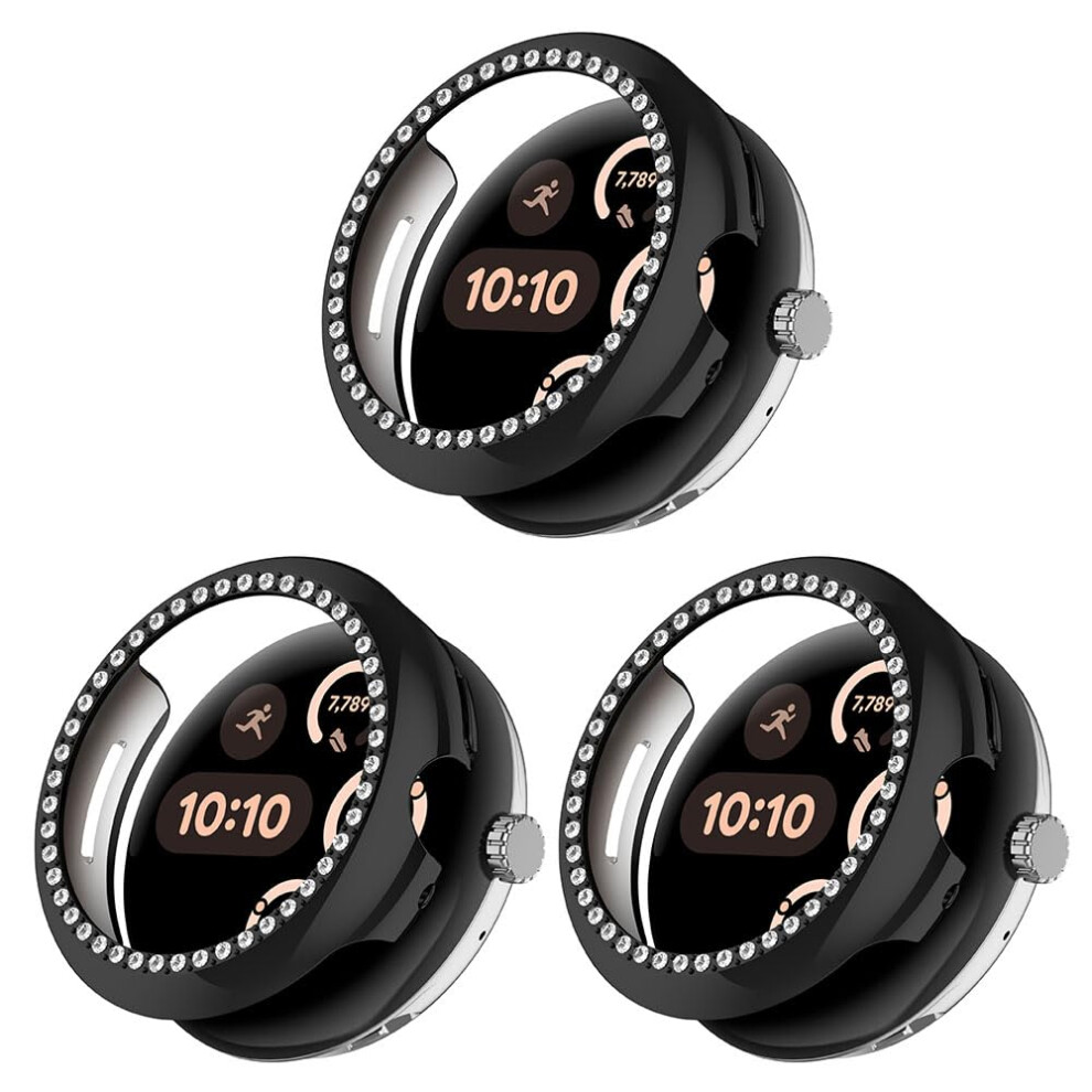 45Mm Bling Case Three-Pack Hard Bumper Crystal Diamonds Protective Cover For Google Pixel Watch 3 Black 9354506238513
