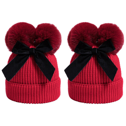 2Stk Kinderstrickmütze Mit Bommel Schleife 1