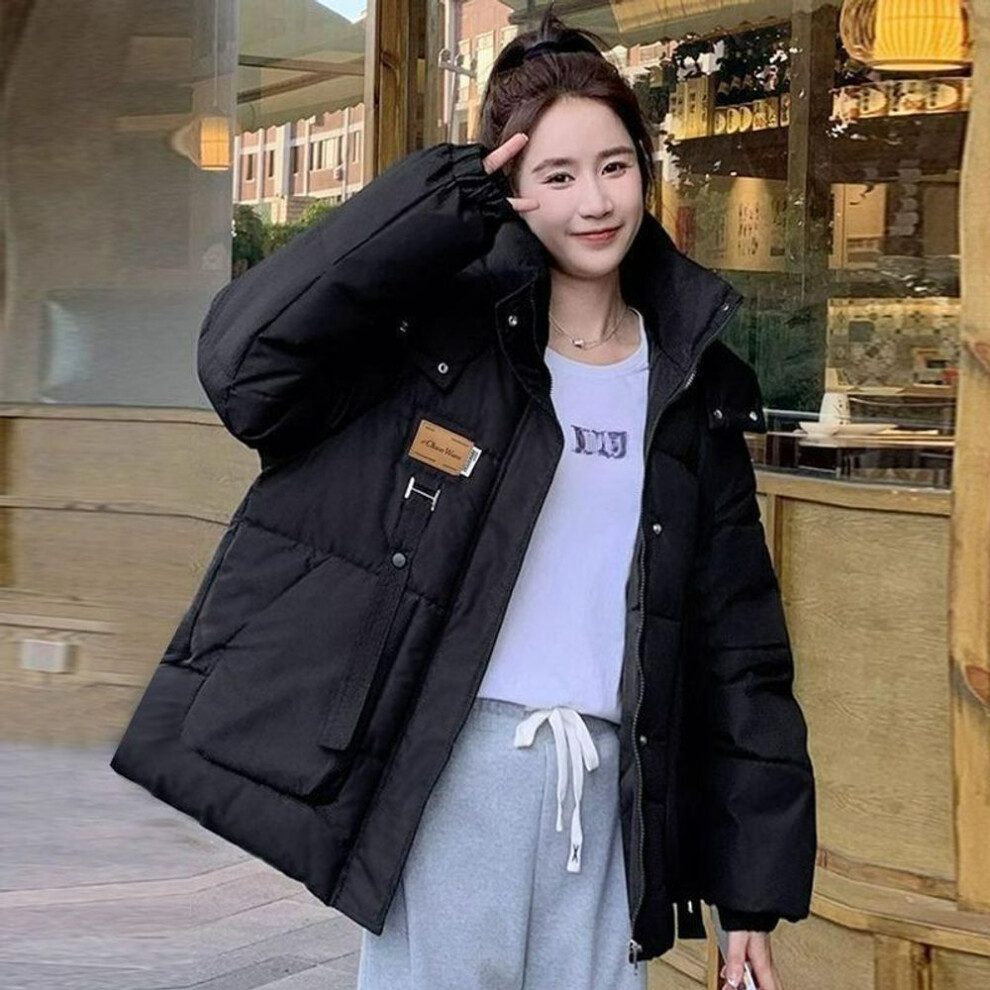 Men's Black (, M) Oversize Bread Jacket Short Padded Jacket Autumn And Winter Jacket Thickened Hooded Padded Jacket