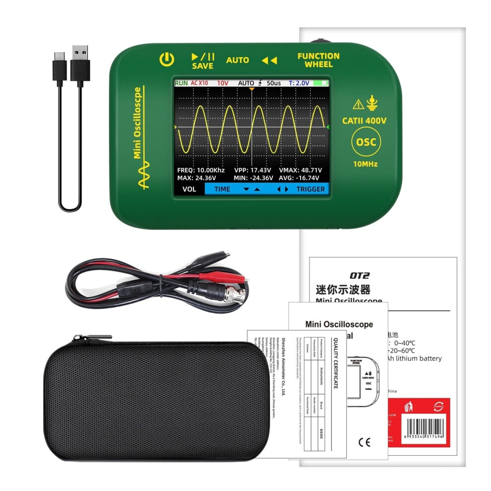 Handheld Digital Auto Oscilloscope Portable 10Mhz Sampling Rate 1.5Ksa/S Analog Bandwidth Ot2-Alligator Clip Tool 9354506241438