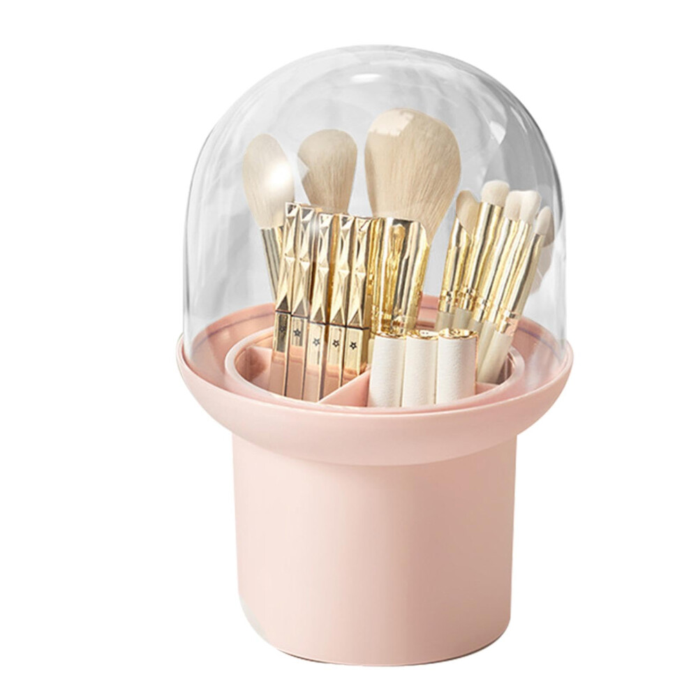 Pink Covered Makeup Brush Holder With Lid 4 Compartments Countertop Organizer