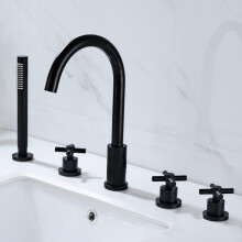Black 4 Hole Bath Mixer Tap With Shower Head And Hose Set, Dual Hot Cold Water Control, Modern Bathroom Faucet
