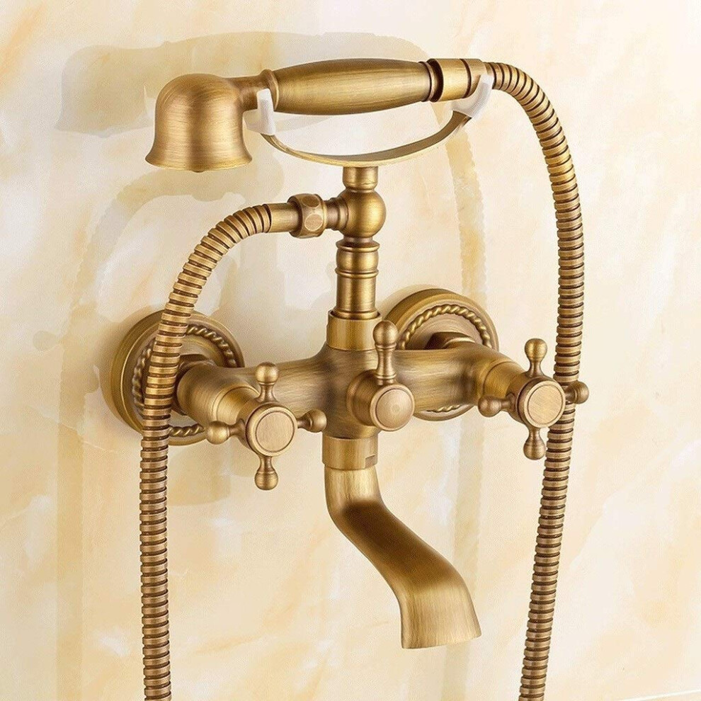 Traditional Bathtub Tap Antique Brass Finish Wall Mount Rainfall Shower System With Hand Shower And Two-Handle Faucet 9016109374455
