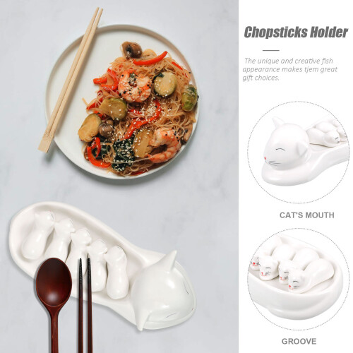 Cat Chopstick Rest Weiß Gabel Mini Keramik 2