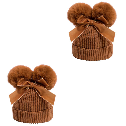 2Stk Kinderstrickmütze Häkelwintermütze Dunkelgelb 2