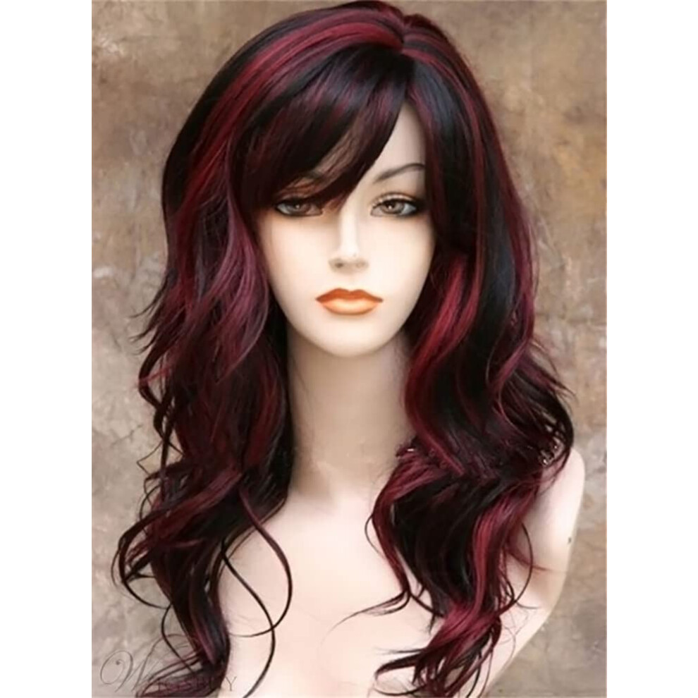 Unisex Black,Red Long Curly Wavy Wigs For Women And Girls | Cosplay Halloween | Heat-Resistant Synthetic Hair Black And Red Fringe Wig