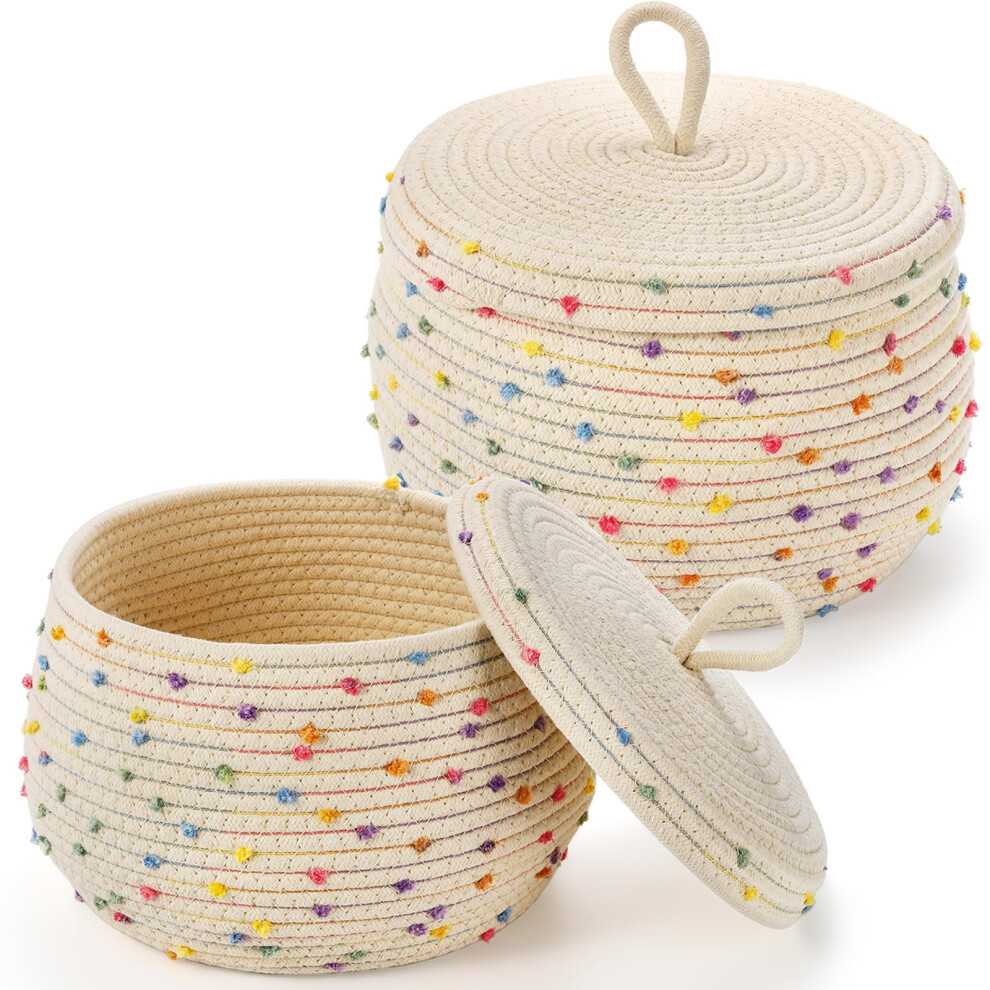 Set Of 2 Small Basket With Lids Woven Cotton Rope Round Storage Bins For Organizer Rainbow Containers Nursery
