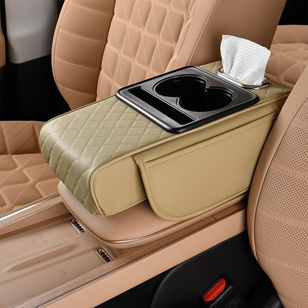 Car Armrest Pad For Renault Kadjar Captur Koleos 2 Zoe - Armrest Console Box, 2 Cup Holders, Tissue Box, Beige 9084446385205