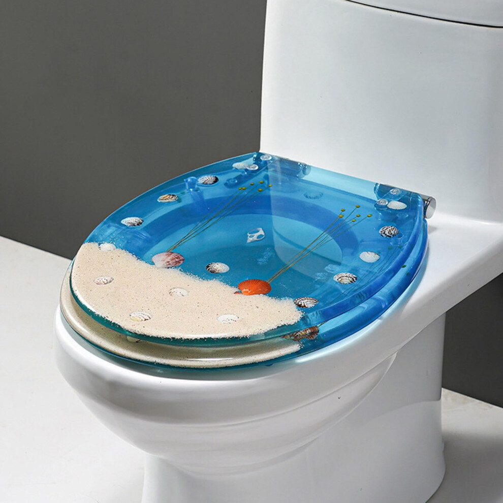 Elongated Toilet Seat Heavy Duty Resin, Slow Close, Oval, With Cover, Beige Blue Seahorse Seashells Pattern 9393856309009