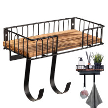 Ironing Board Holder Wall Mounted Iron Organizer With Storage Basket, Wood Base, Removable Metal Hooks For Laundry Room