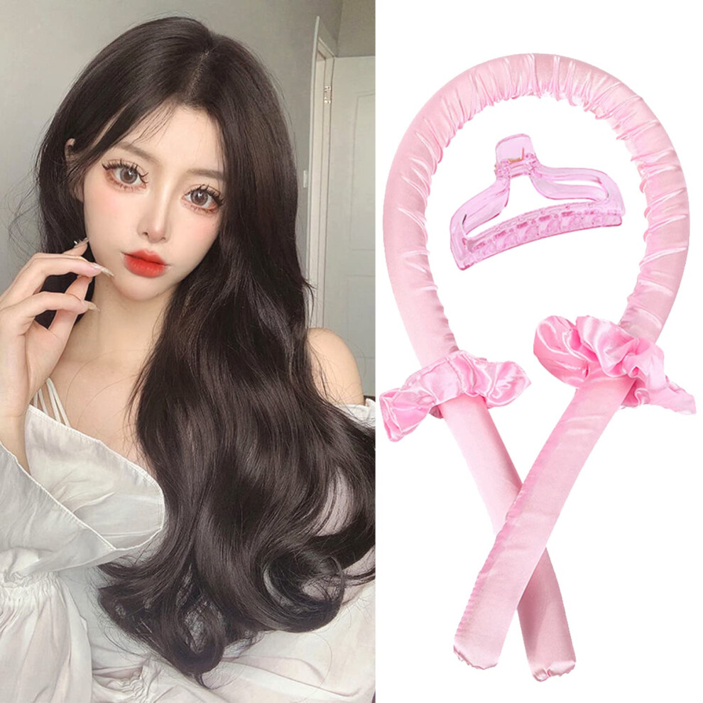 Pink Heatless Hair Curler For Long Hair, Sleep-In Hair Rollers, Silk Curl Ribbon Headband, With Hair Clips
