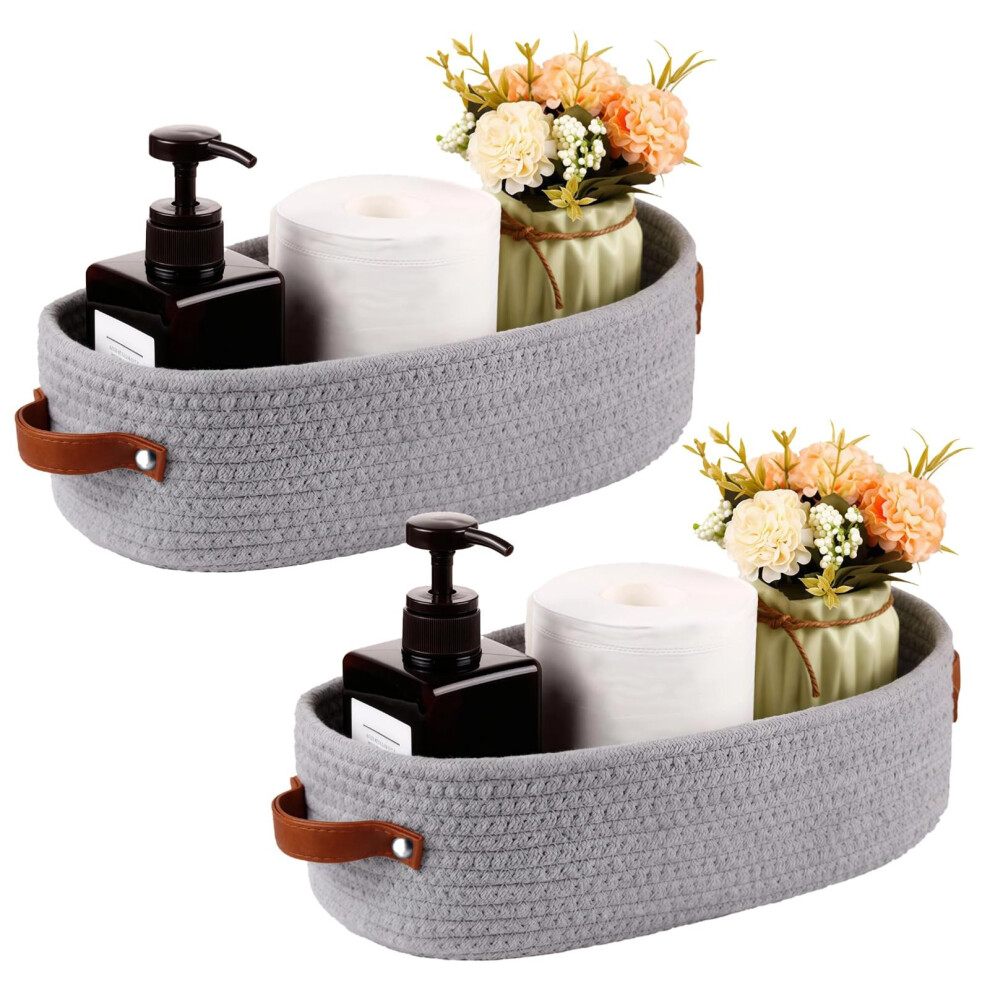 Oval Shaped Cotton Rope Storage Baskets, 2 Pack, Woven With Leather Handles, Bathroom and Nursery Organizer