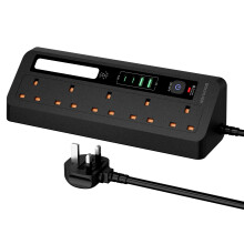 Desk Extension Lead With USB-C And USB-A Ports, 5-Way Power Strip, Night Light, Surge Protector, 1.8 m Cable, Black