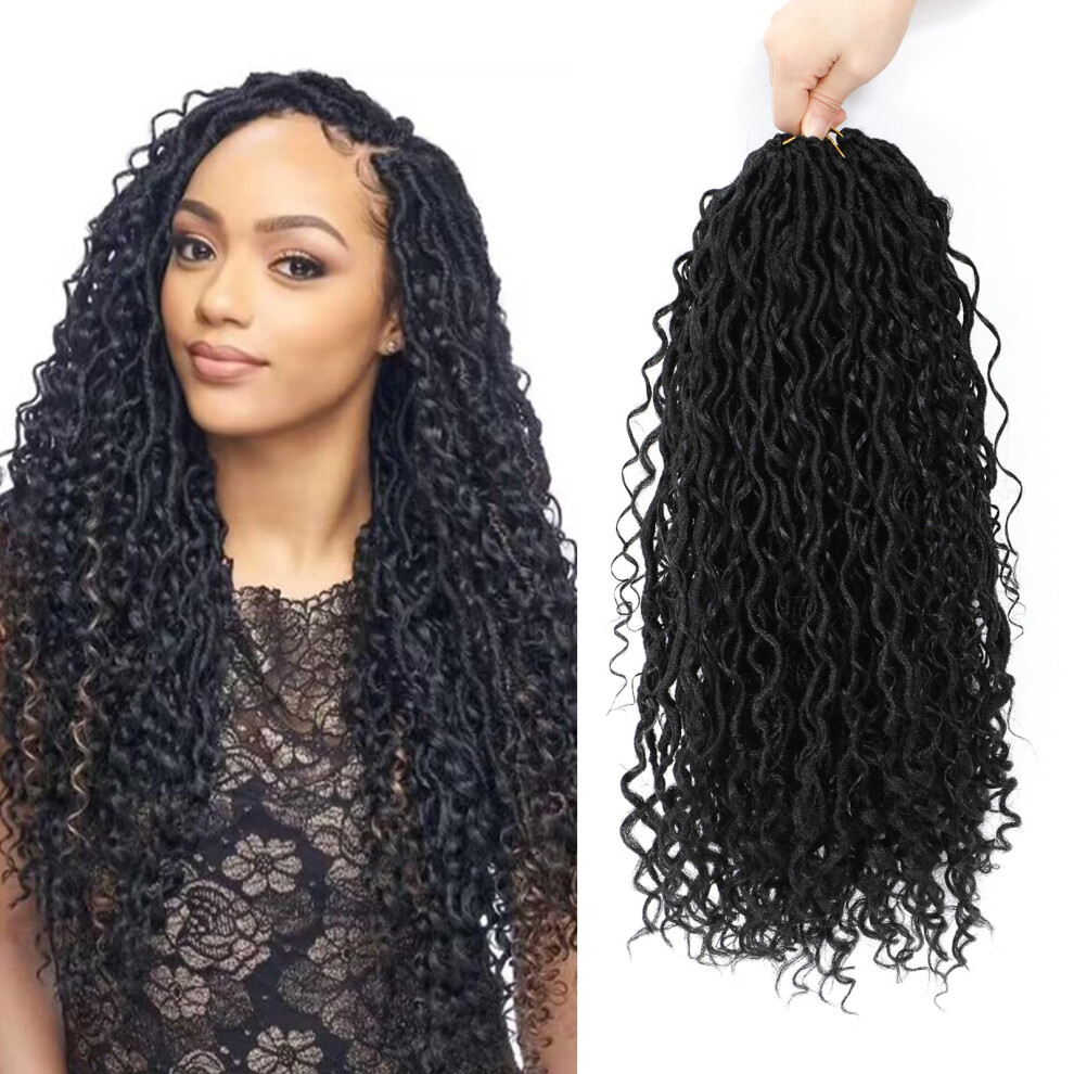 Unisex Black Goddess Locs Crochet Hair 24 Inch, 8 Packs, Faux Locs For Women, 1B Pre Looped River Locs With Curly Ends