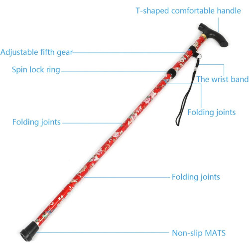 Walking Cane Folding Telescopic Five-Section Adjustable Height Lightweight Outdoor Walking Stick Prosperous 2