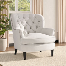 Classic Buttoned Back Linen Armchair with Wooden Legs