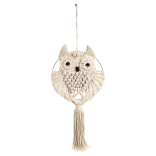 1Pc Hand-Woven Beige Owl Pattern Cotton Wall Hanging Tassel Decor