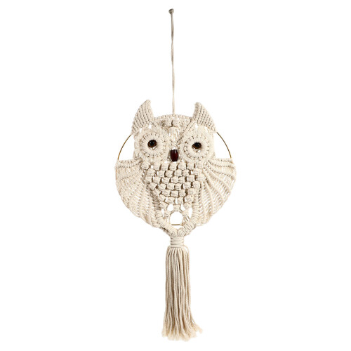 1Pc Hand-Woven Beige Owl Pattern Cotton Wall Hanging Tassel Decor