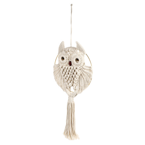 1Pc Hand-Woven Beige Owl Pattern Cotton Wall Hanging Tassel Decor 2