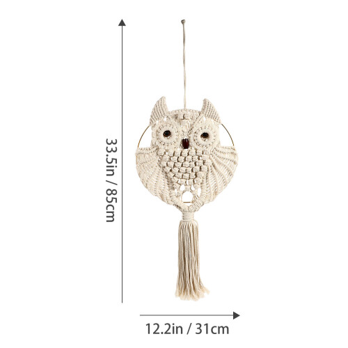 1Pc Hand-Woven Beige Owl Pattern Cotton Wall Hanging Tassel Decor 1