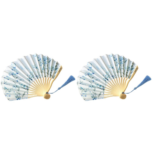 2 Unidades Japonés Plegable De Tela Con Mango De Bambú Azul 1
