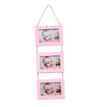 1Pc Triple Pink Wooden Photo Frame Wall Hanging for Creative Display