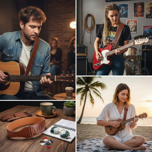 Sangle de guitare en cuir, longueur réglable, pour-marron clair 1