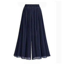 (navy blue, XXL) Chiffon Women Wide Pants Pleated Beach Culottes Loose Cropped Pants High Waist Thin Wide-leg Trousers