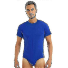 (Blue) Men'S Slim Fit Bodybuilding Undershirt With Press Crotch Design, Stretchable Round Neck Short Sleeve Bodysuit For Muscle Support_cje6 -CN-NEW