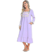 (Light purple, L) Victorian Pajamas Cotton Pajamas Long-sleeved Nightdress -CAN