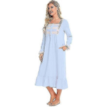 (Light blue, XL) Victorian Pajamas Cotton Pajamas Long-sleeved Nightdress -CAN