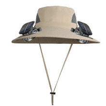 (Khaki) Solar Powered Fan Hat Men's Outdoor Cooling Fan Hat USB Rechargeable Wide Brim Sun Protection UV Hat for Fishing/Hiking/Camping