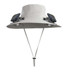 (Light Grey) Solar Powered Fan Hat Men's Outdoor Cooling Fan Hat USB Rechargeable Wide Brim Sun Protection UV Hat for Fishing/Hiking/Camping