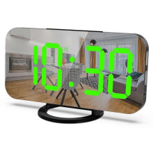(Green) Led Mirror Alarm Clock With Usb Ports- Auto-Dimming 3-Level Brightness Control_jc -CN