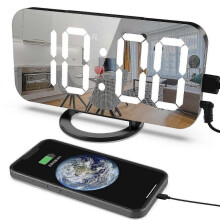 (Black) Led Mirror Alarm Clock With Usb Ports- Auto-Dimming 3-Level Brightness Control_jc -CN