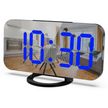 (Blue) Led Mirror Alarm Clock With Usb Ports- Auto-Dimming 3-Level Brightness Control_jc -CN