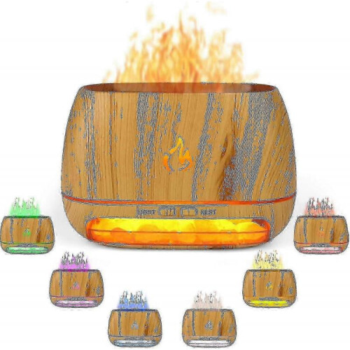 3 In 1 Himalayan Salt Rock Aroma Diffuser, Ultrasonic Essential Oil Diffuser, Simulation Flame Humidifier, Coloured Light Mist Diffuser, Wood Gra_cp -