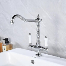 (Silver) Kitchen Ceramic Handle Faucet European Style Full Brass Retro Double Hole Two Handle Bathroom Basin Faucet Kitchen Sink Faucet -CN-NEW