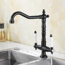 (Black) Kitchen Ceramic Handle Faucet European Style Full Brass Retro Double Hole Two Handle Bathroom Basin Faucet Kitchen Sink Faucet -CN-NEW