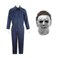 (XXL, Jumpsuit mask) Adult Michael Myers Cosplay Costume Mask Props Halloween Jumpsuit Outfits Horror Bloody Killer Carnival Party Costume For Men