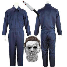 (S, 3pcs as show) Adult Michael Myers Cosplay Costume Mask Props Halloween Jumpsuit Outfits Horror Bloody Killer Carnival Party Costume For Men