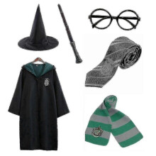 (135cm (7-8 years), Green) Harry Potter 6pc Set Magic Wizard Cosplay Fancy Dress Cape Cloak Costume